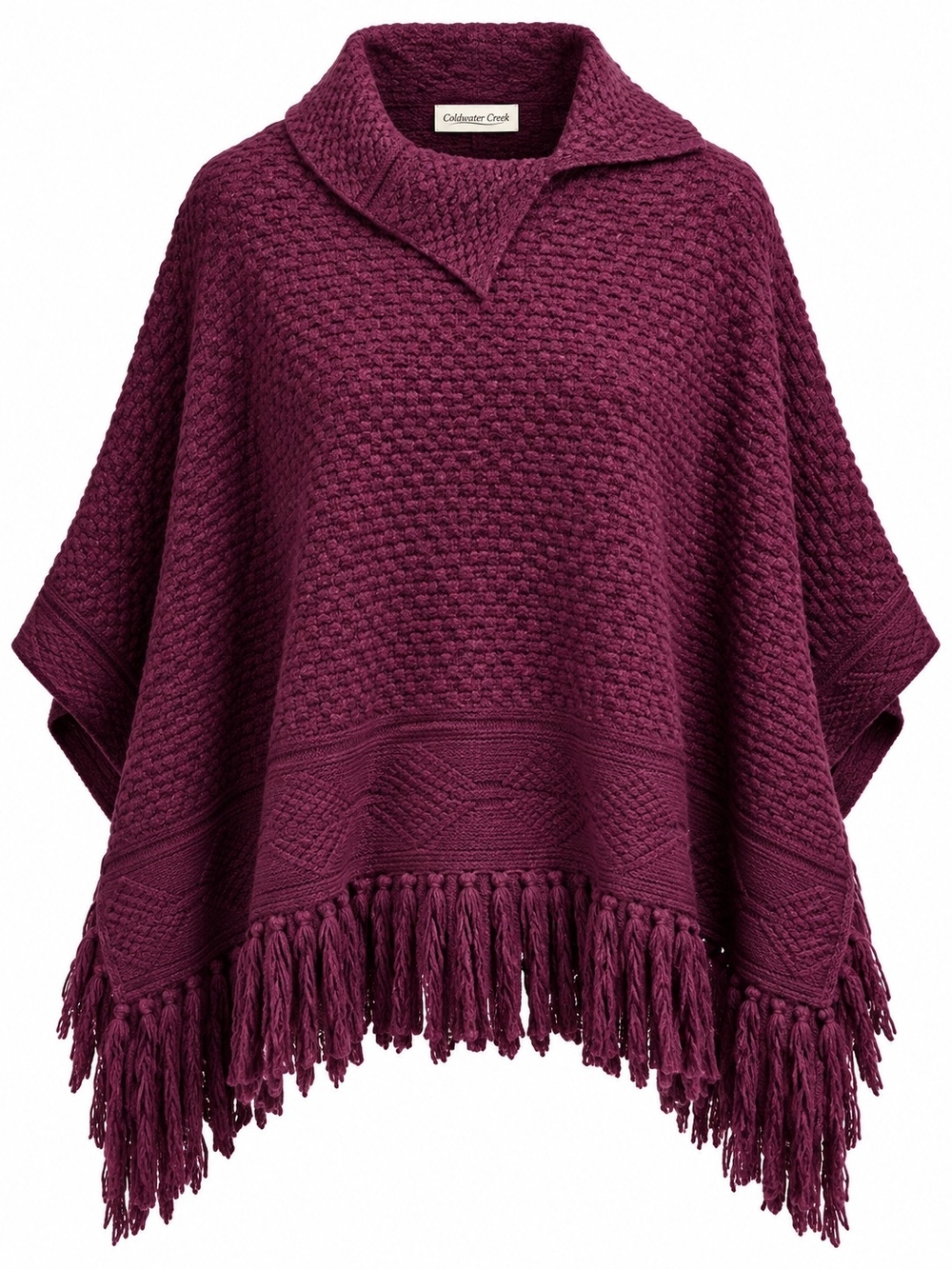 COLDWATER CREEK | Merlot Plum Wool Blend Cable Knit Fringe Poncho Cape | OS